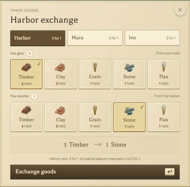 Harbor exchange showing 3 timber for 1 stone