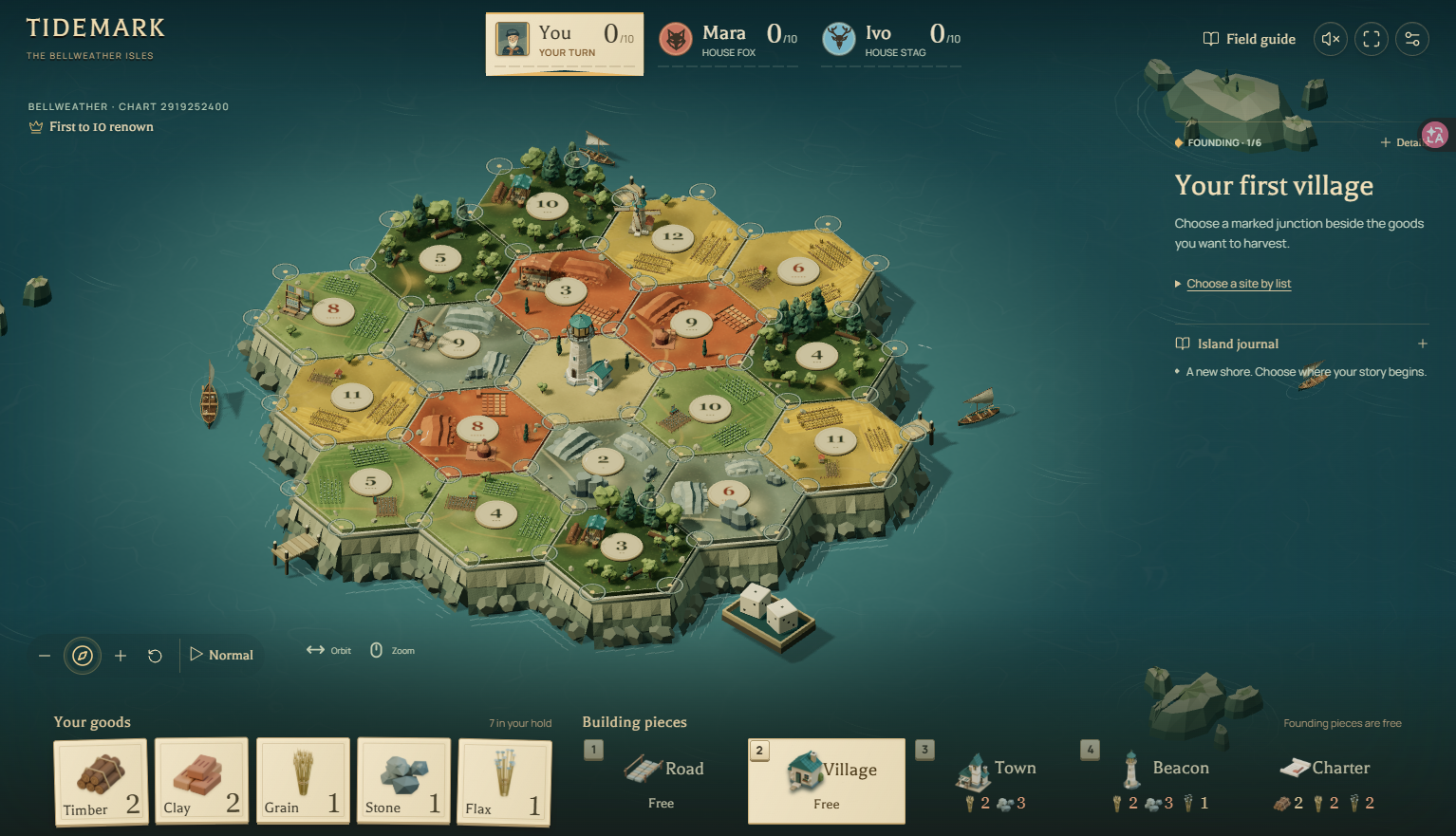 Tidemark real 3D island with resource tiles, coastal villages and building controls