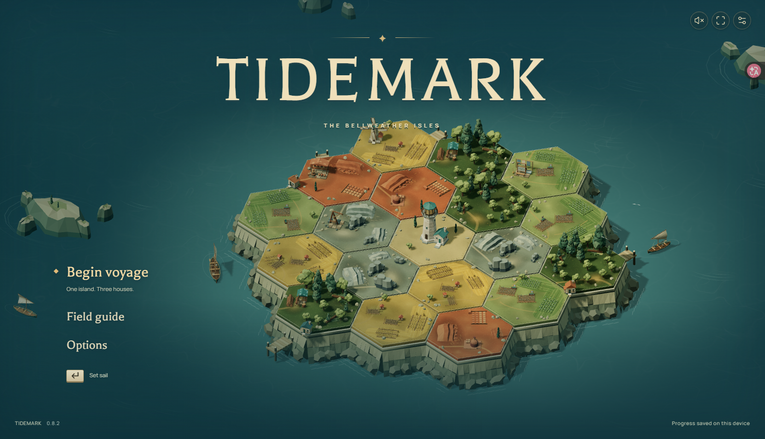 Tidemark title screen over its animated island